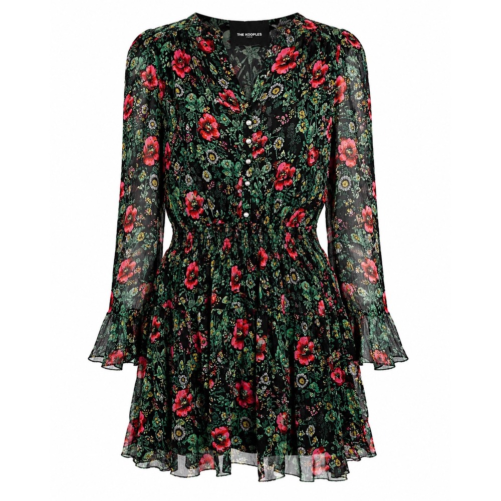 The Kooples Silk Naive Botanical Floral Mini Dress Black Red Poppy Metallic US 6